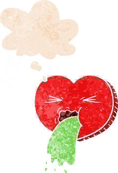 cartoon love sick heart and thought bubble in retro textured style vector