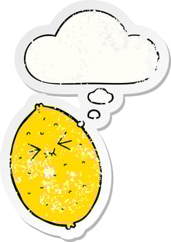cartoon bitter lemon and thought bubble as a distressed worn sticker vector