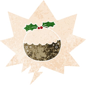 cartoon christmas pudding and speech bubble in retro textured style vector