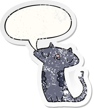 cartoon cat and speech bubble distressed sticker vector