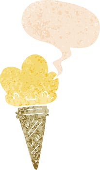 cartoon ice cream with face and speech bubble in retro textured style vector