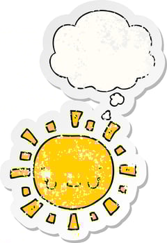 cartoon sun and thought bubble as a distressed worn sticker vector