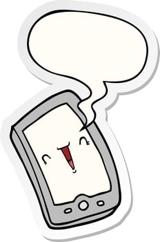 cute cartoon mobile phone and speech bubble sticker vector