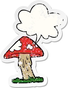 cartoon mushroom and speech bubble distressed sticker vector