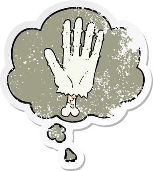 cartoon zombie hand and thought bubble as a distressed worn sticker vector