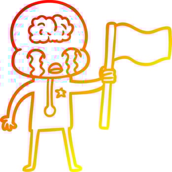 warm gradient line drawing cartoon crying big brain alien waving a flag vector