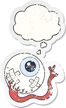 cartoon injured eyeball and thought bubble as a distressed worn sticker vector