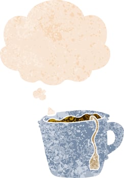 cartoon hot cup of tea and thought bubble in retro textured style vector