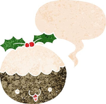 cute cartoon christmas pudding and speech bubble in retro textured style vector