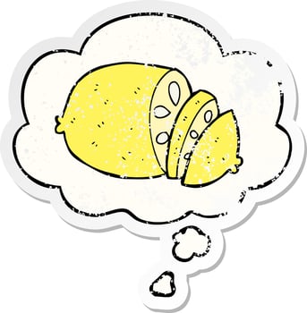 cartoon sliced lemon and thought bubble as a distressed worn sticker vector
