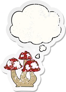 cartoon mushrooms and thought bubble as a distressed worn sticker vector