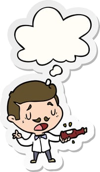 cartoon wine expert and thought bubble as a printed sticker vector