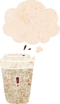 cartoon coffee cup and thought bubble in retro textured style vector