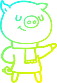 cold gradient line drawing happy cartoon pig vector