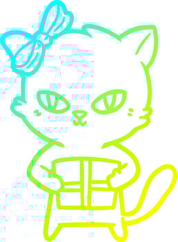cold gradient line drawing cute cartoon cat with present vector