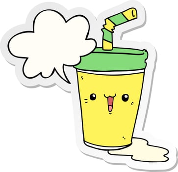 cute cartoon soda and speech bubble sticker vector