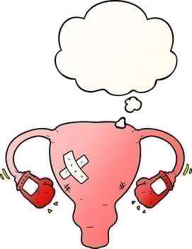 cartoon beat up uterus with boxing gloves and thought bubble in smooth gradient style vector