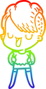 rainbow gradient line drawing cute cartoon girl with hipster haircut vector