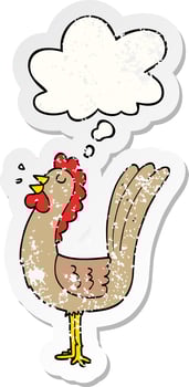 cartoon rooster and thought bubble as a distressed worn sticker vector