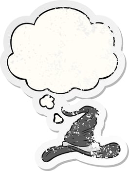 cartoon wizards hat and thought bubble as a distressed worn sticker vector
