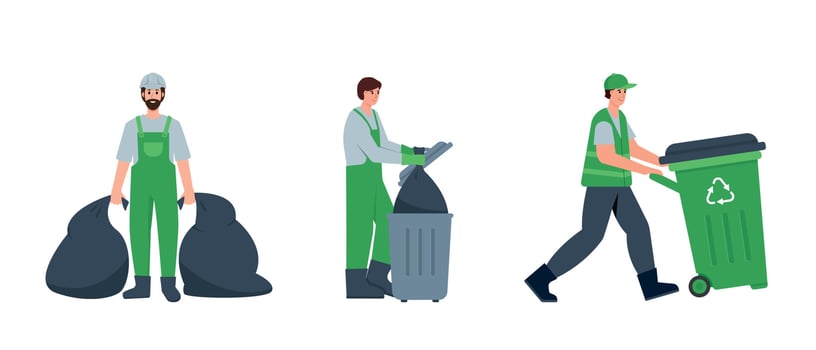Dumpster characters in different poses. Garbage man collection, Waste recycling and transportation. Sanitary workers, janitors in uniform. Vector flat or cartoon illustration isolated on white.