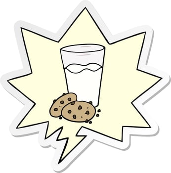 cartoon cookies and milk and speech bubble sticker vector