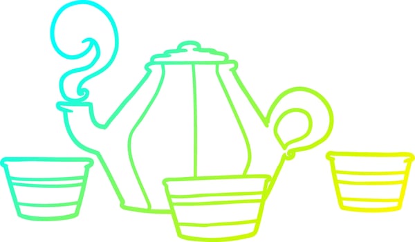 cold gradient line drawing cartoon teapot and cups vector