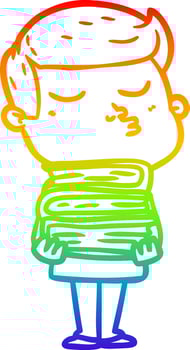 rainbow gradient line drawing cartoon model guy pouting holding books vector