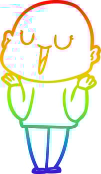 rainbow gradient line drawing happy cartoon bald man shrugging shoulders vector