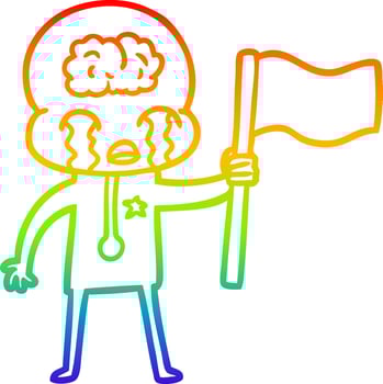 rainbow gradient line drawing cartoon crying big brain alien waving a flag vector