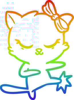 rainbow gradient line drawing cute cartoon cat with bow vector