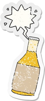 cartoon beer bottle and speech bubble distressed sticker vector