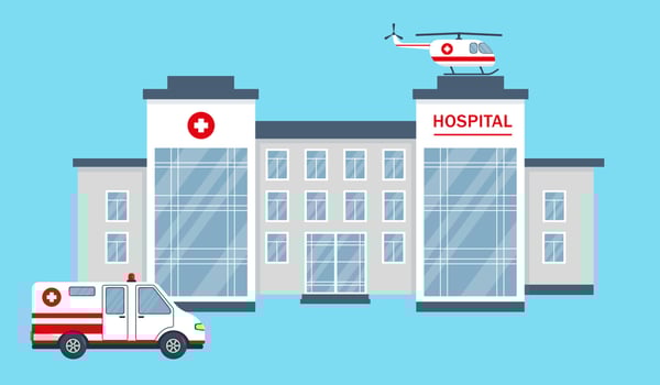 Hospital or clinic building, car and helicopter. Healthcare, medical or emergency service concept. Vector illustration in flat style isolated on blue background.