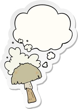 cartoon mushroom with spore cloud and thought bubble as a printed sticker vector