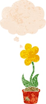 cute cartoon flower and thought bubble in retro textured style vector