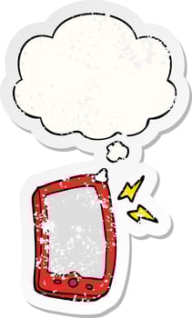 cartoon mobile phone and thought bubble as a distressed worn sticker vector