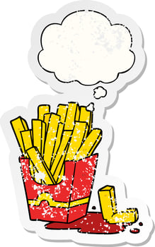 cartoon fries and thought bubble as a distressed worn sticker vector