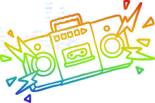 rainbow gradient line drawing retro cartoon tape cassette player blasting out old rock tunes vector