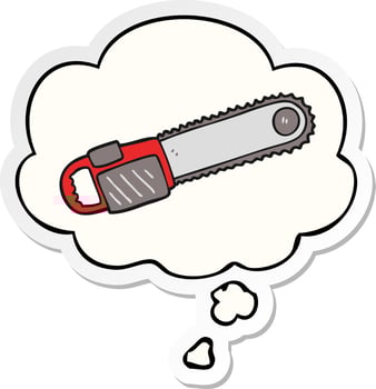 cartoon chainsaw and thought bubble as a printed sticker vector