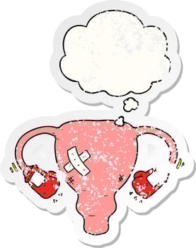 cartoon beat up uterus with boxing gloves and thought bubble as a distressed worn sticker vector