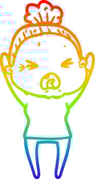 rainbow gradient line drawing cartoon angry old woman vector