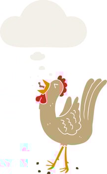 cartoon crowing cockerel and thought bubble in retro style vector