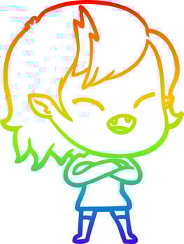 rainbow gradient line drawing cartoon laughing vampire girl with crossed arms vector