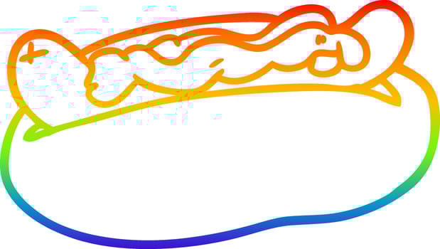 rainbow gradient line drawing hotdog with mustard and ketchup vector