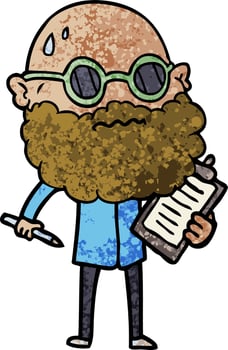 cartoon worried man with beard and sunglasses taking survey vector