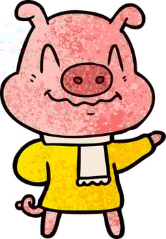 nervous cartoon pig wearing scarf vector