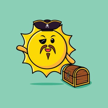Cute cartoon Sun pirate with treasure box vector