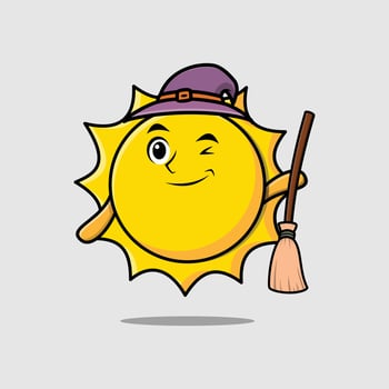 Cute cartoon witch shaped sun with broomstick vector