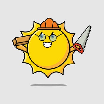 Cute cartoon sun as carpenter with saw and wood vector