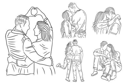 Set Bundle Line Art Drawing Simple Couple Love Boy and Girl Kiss Hand Drawn vector